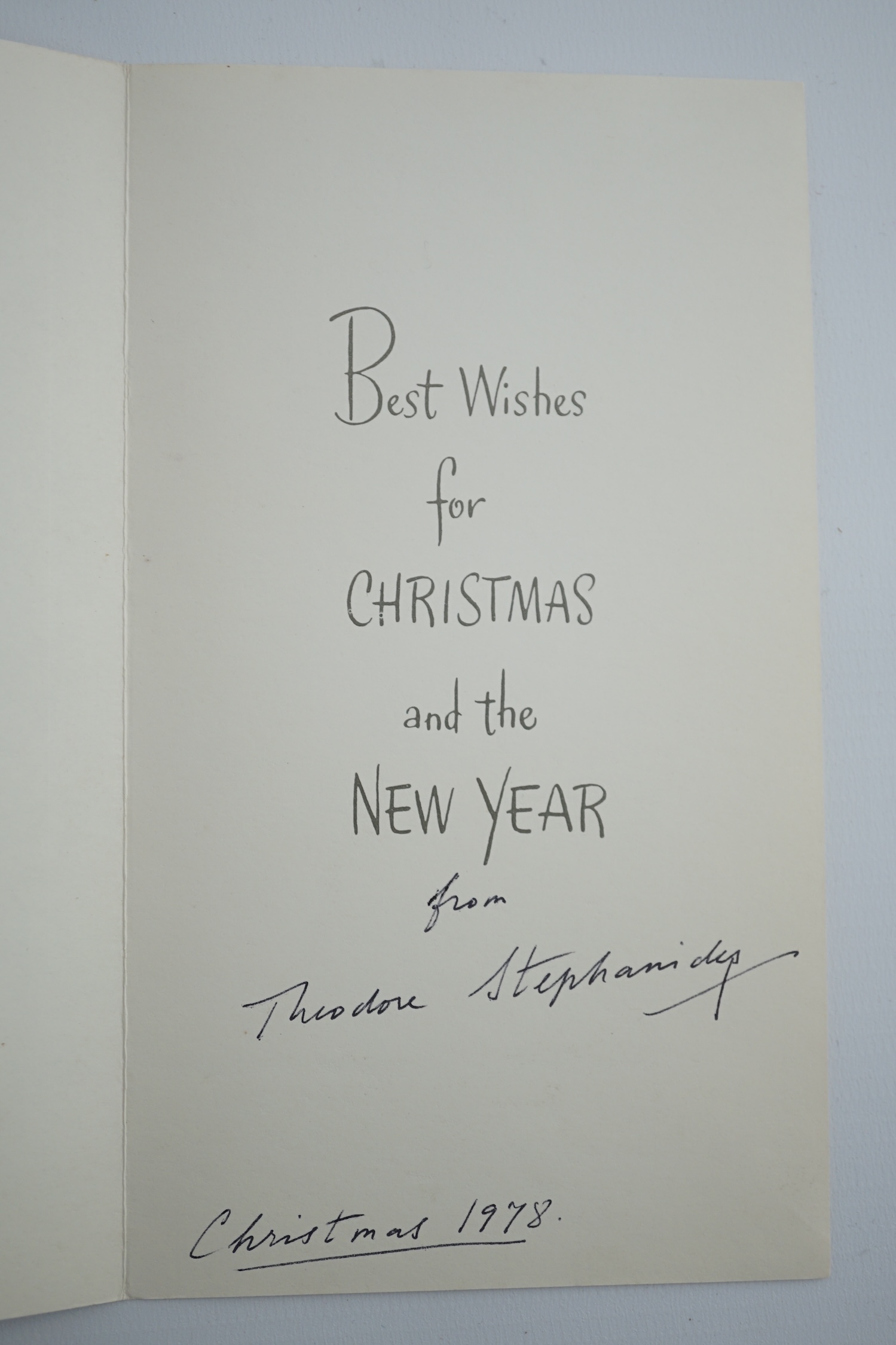 Theodore Stephanides interest; a small archive of correspondence along with a signed and dedicated copy of A Hundred Voices, pub. Kostes Palamas 1976, between Stephanides and Eleanor Peters, including letters, a postcard